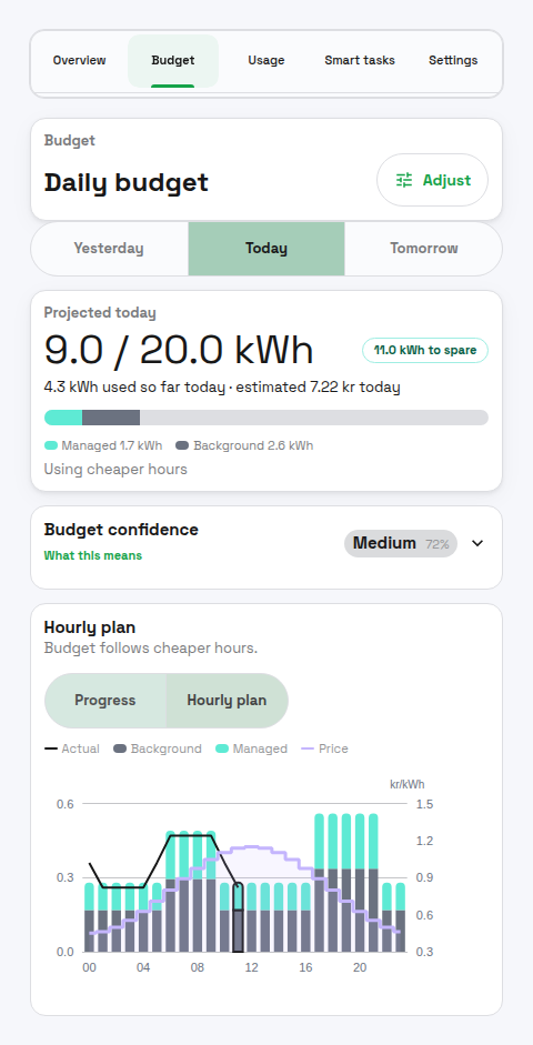PELS Budget page Hourly plan view showing planned energy per hour split into background and managed-device usage, with the electricity price line on top.