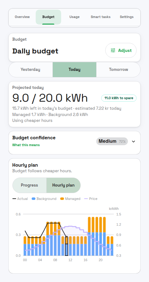 PELS Budget page Hourly plan view showing planned energy per hour split into background and managed-device usage, with the electricity price line on top.