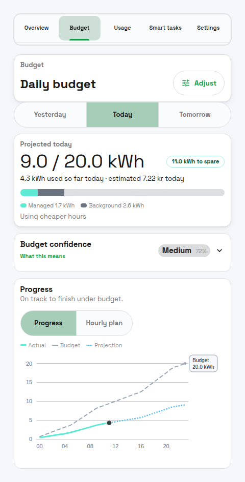 PELS Budget page Plan view showing energy used versus today's budget, budget confidence, and a progress chart tracing actual usage against the planned curve.