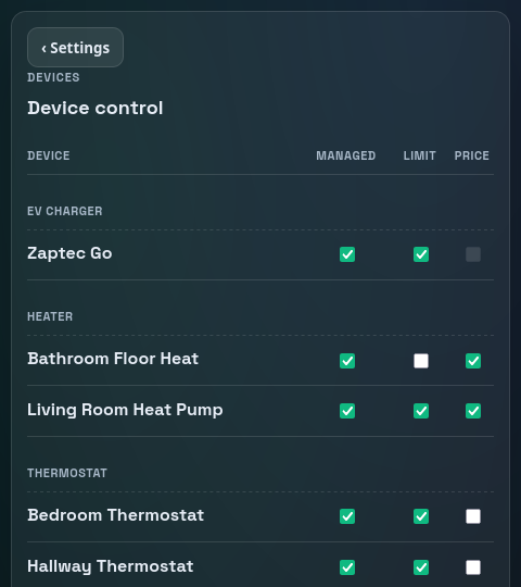 PELS device list showing managed devices
