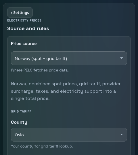 PELS price tab showing cheap and expensive hours
