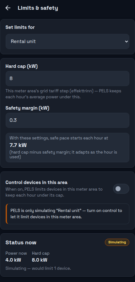 PELS Limits & safety with "Rental unit" chosen in the "Set limits for" switcher: Hard cap 8 kW, Safety margin 0.3 kW, a readout that safe pace starts each hour at 7.7 kW, and the "Control devices in this area" switch off with a notice that PELS is only simulating this area