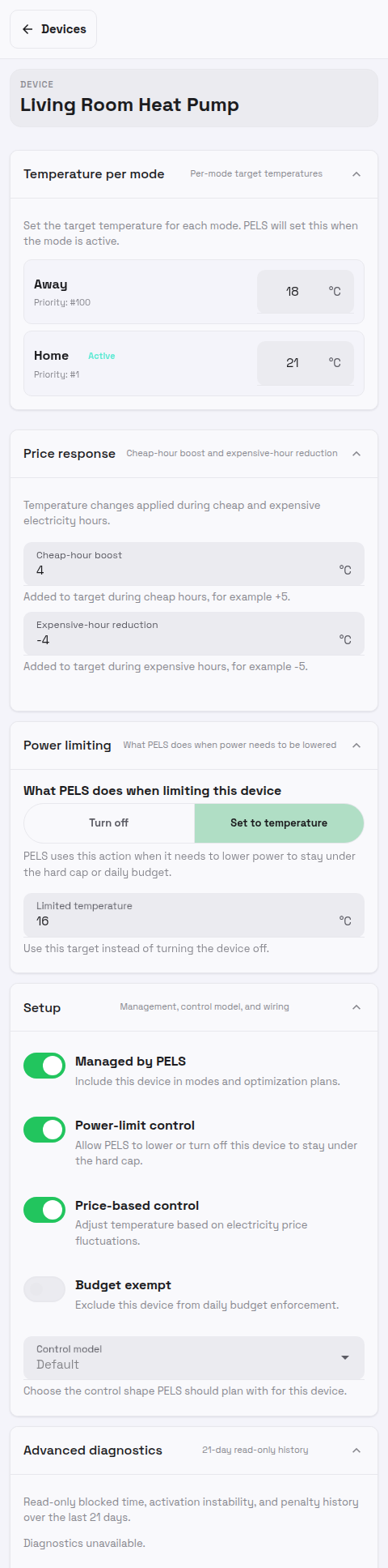 PELS device detail page for a heat pump showing Temperature per mode, Price response, Power limiting, and the Setup toggles including Managed by PELS and Power-limit control