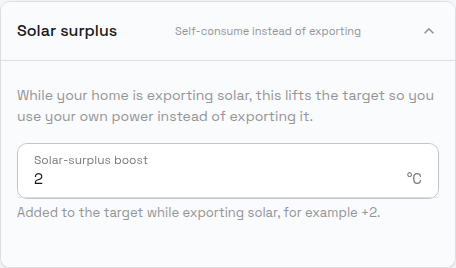 The "Solar surplus" boost setting, raising the target by 2 °C while exporting