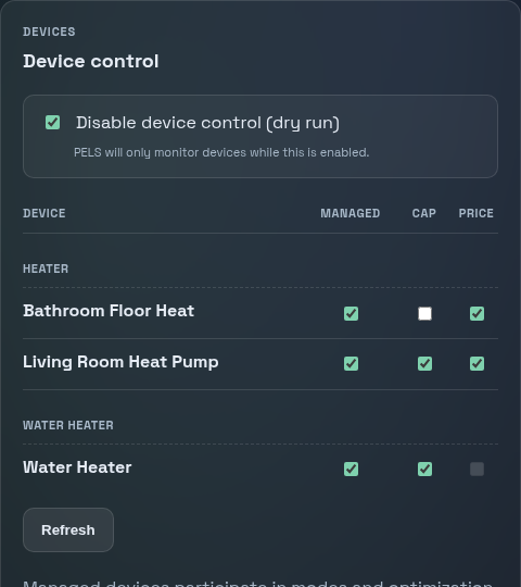 PELS device list showing managed devices