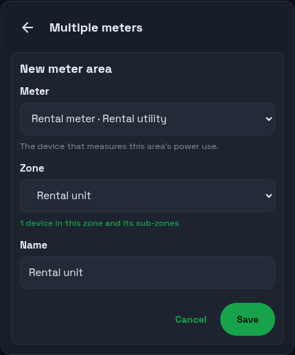 The New meter area form in PELS: Meter set to the rental's meter, Zone set to the rental unit with a live "1 device in this zone and its sub-zones" count, and a Name field