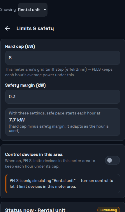 PELS Limits & safety with "Rental unit" as the shown home: Hard cap 8 kW, Safety margin 0.3 kW, a readout that safe pace starts each hour at 7.7 kW, and the "Control devices in this area" switch off with a notice that PELS is only simulating this area