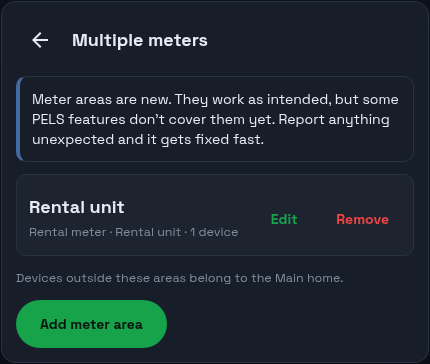 The Multiple meters panel leading with a notice that meter areas are new, then one configured meter area, "Rental unit", with its meter, zone and device count, a note that devices outside these areas belong to the Main home, and an Add meter area button