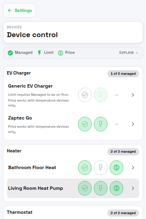 PELS Settings Devices page showing EV charger, heater and thermostat devices with Managed, Limit and Price controls.