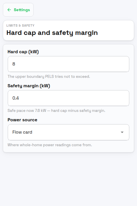 PELS Settings Limits and safety page showing hard cap, safety margin and power source controls.