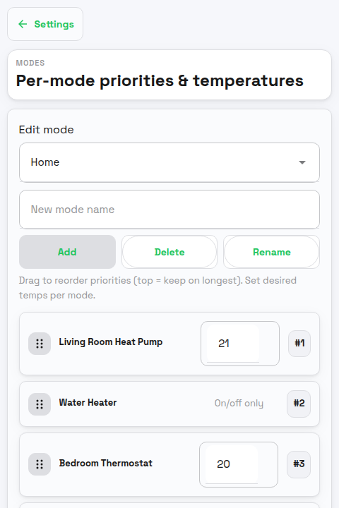 PELS Settings Modes page showing per-mode priorities and target temperatures for managed devices.