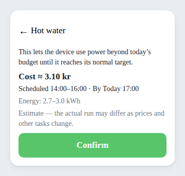 Held-back devices widget confirm step, showing the cost estimate and scheduled hours for the rescue