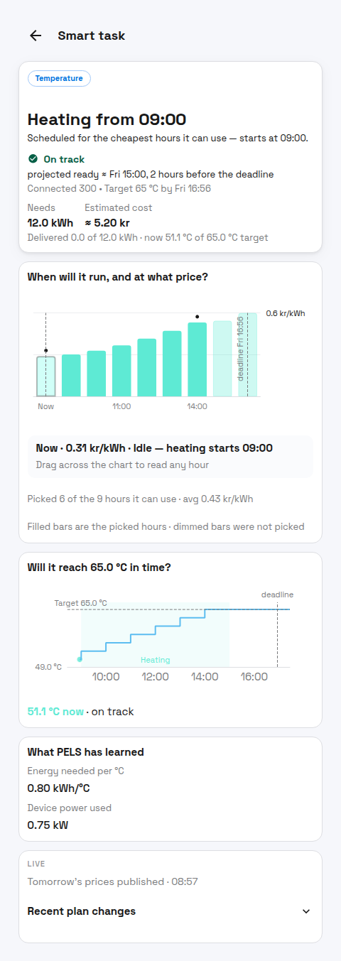 Smart task plan showing selected hours before a ready-by time