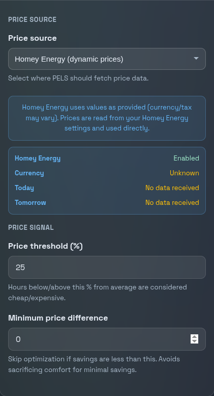 Homey Energy price settings panel