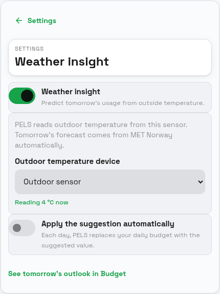 PELS Settings, Weather insight sub-page: a master "Weather insight" switch turned on, an "Outdoor temperature device" picker set to "Outdoor sensor" with a green "Reading 4 °C now" line confirming it works, an off-by-default "Apply the suggestion automatically" switch, and a "See tomorrow's outlook in Budget" link.