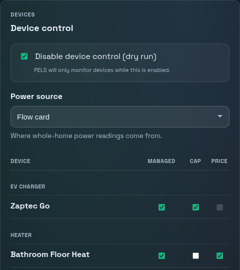 PELS device list showing managed devices
