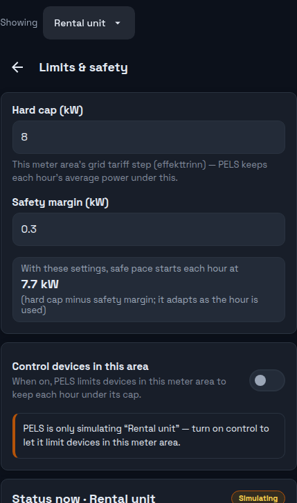 PELS Limits & safety with "Rental unit" as the shown home: Hard cap 8 kW, Safety margin 0.3 kW, a readout that safe pace starts each hour at 7.7 kW, and the "Control devices in this area" switch off with a notice that PELS is only simulating this area