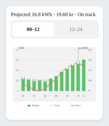 Budget and Price widget showing the hourly plan chart with managed usage bars, a price curve, a now-line, and a projected end-of-day total